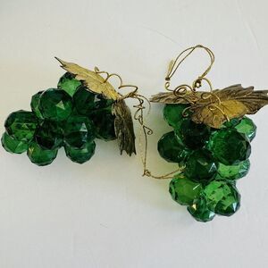 Vtg Acrylic Grape Cluster Christmas Ornament Lucite Green Golden Leaves Lot of 2